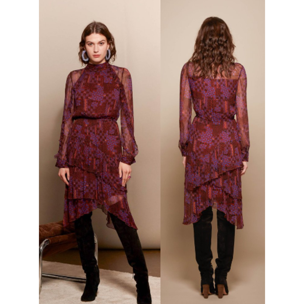 Ba&Sh Macha Silk Sheer Sleeve Asymmetric Tiered Ruffle Hem Midi Dress Burgundy 6